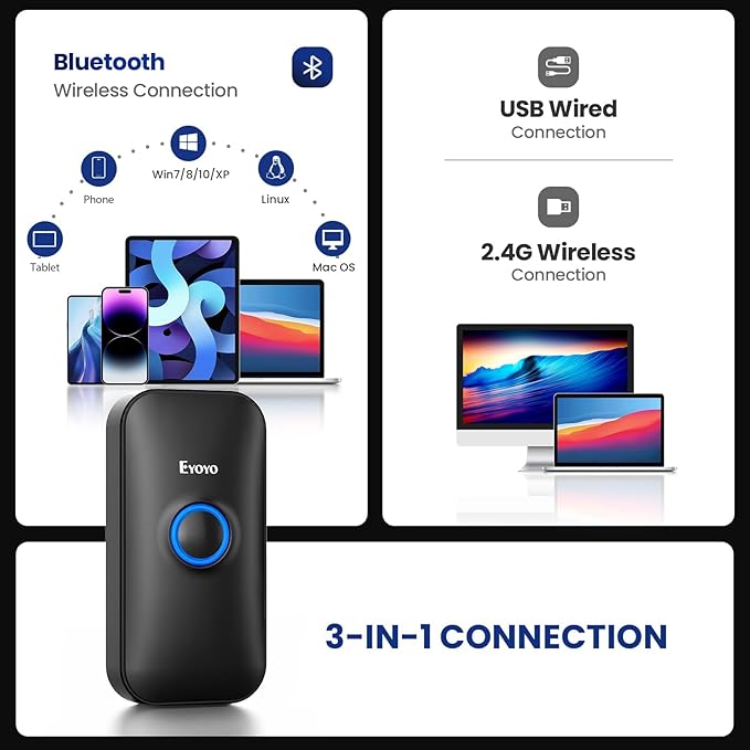 Eyoyo Mini 1D Bluetooth Barcode Scanner, 3-in-1 Bluetooth & USB Wired & 2.4G - Image 5