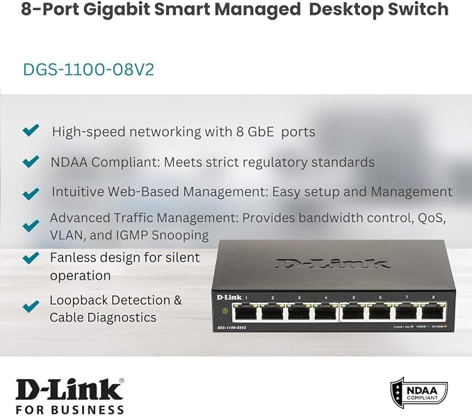 D-Link 8-Port Gigabit Smart Managed Ethernet Switch, IGMP Snooping, Sturdy Metal - Image 2