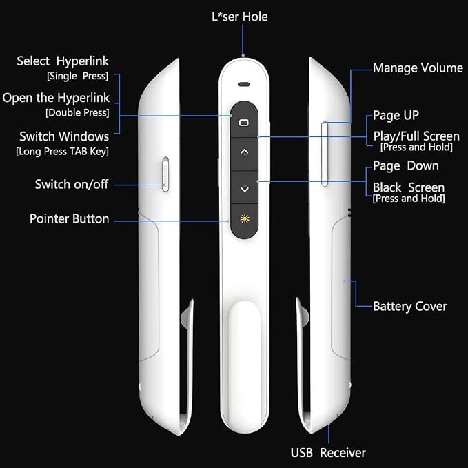 DinoFire White Wireless Presenter, Volume Control Presentation Clicker - Image 7