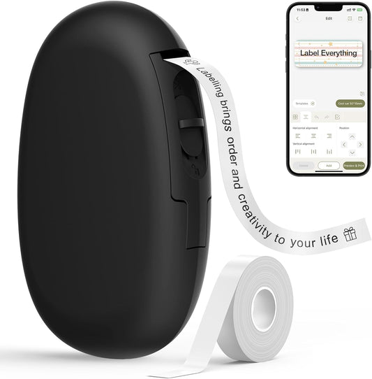 SUPVAN E10 Bluetooth Label Maker Machine with Tape, Continuous Waterproof Label, Versatile App with 35 Fonts and 1k+ Icons, Inkless Labeler for Home, Kitchen, School, Office Organization, Black