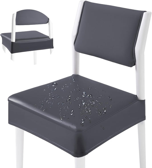 CWK Waterproof PU Leather Dining Chair Covers Set of 6 - Stretchable Chair Seat Slipcovers, Removable & Washable Protector for Dining Room,Home,Office,Wedding,Rear Covers (PU-Grey)