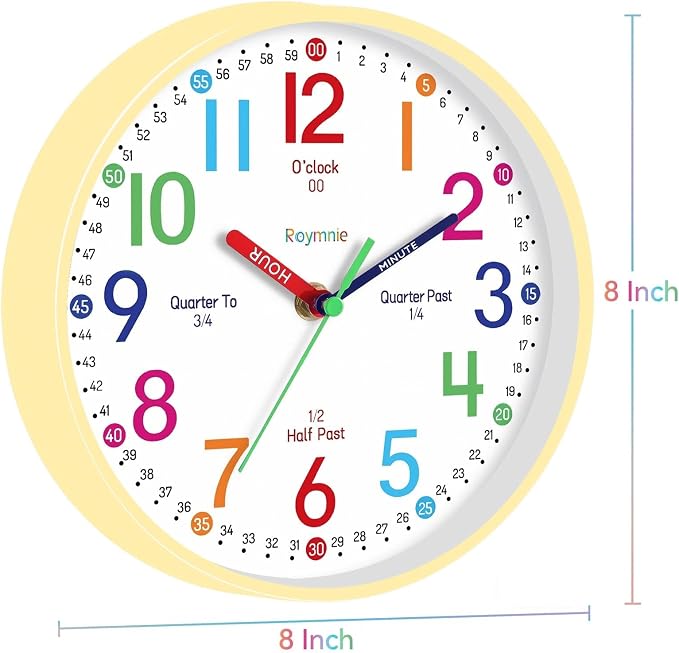 Roymnie Wall Clock 8 Inch for Kids Learning to Tell Time Easily Non Ticking - Image 8