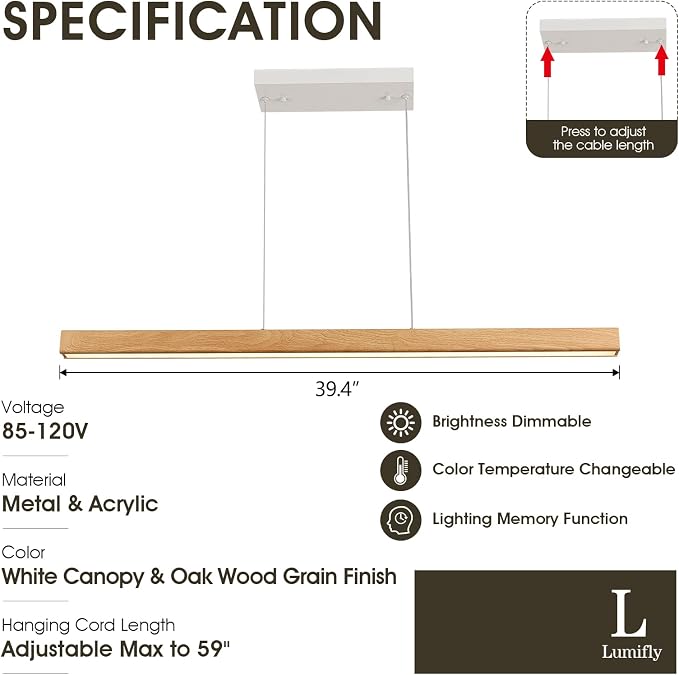 39" Linear Pendant Light Wood Grain Led Linear Pendant Light Fixtures Ceiling - Image 6