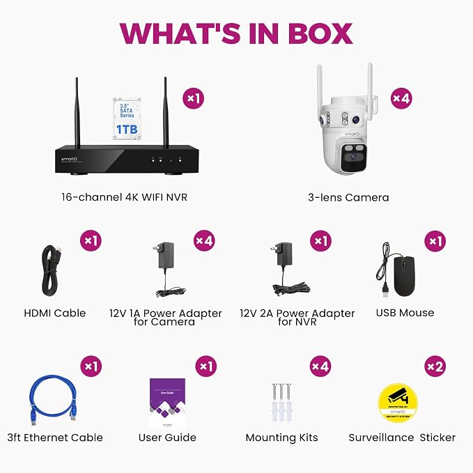 XMARTO 6MP Tri-Lens 4-Cam 1TB WiFi Mesh Security Camera System, 16CH 4K H.265 - Image 9