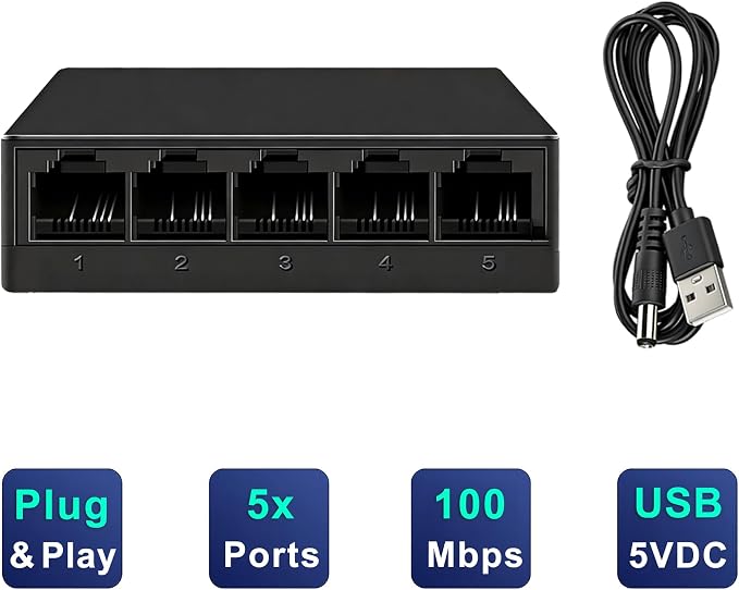 5 Port Fast Ethernet Switch 100Mbps USB 5V Powered Black Plastic Desktop - Image 3