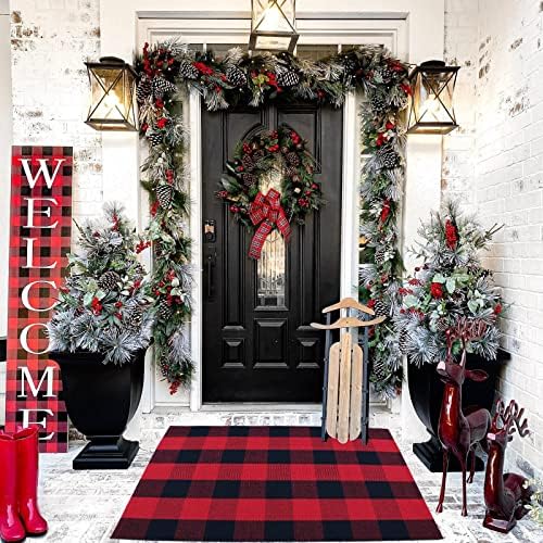 Red and Black Plaid Rug, Cotton Woven Rug - Image 4