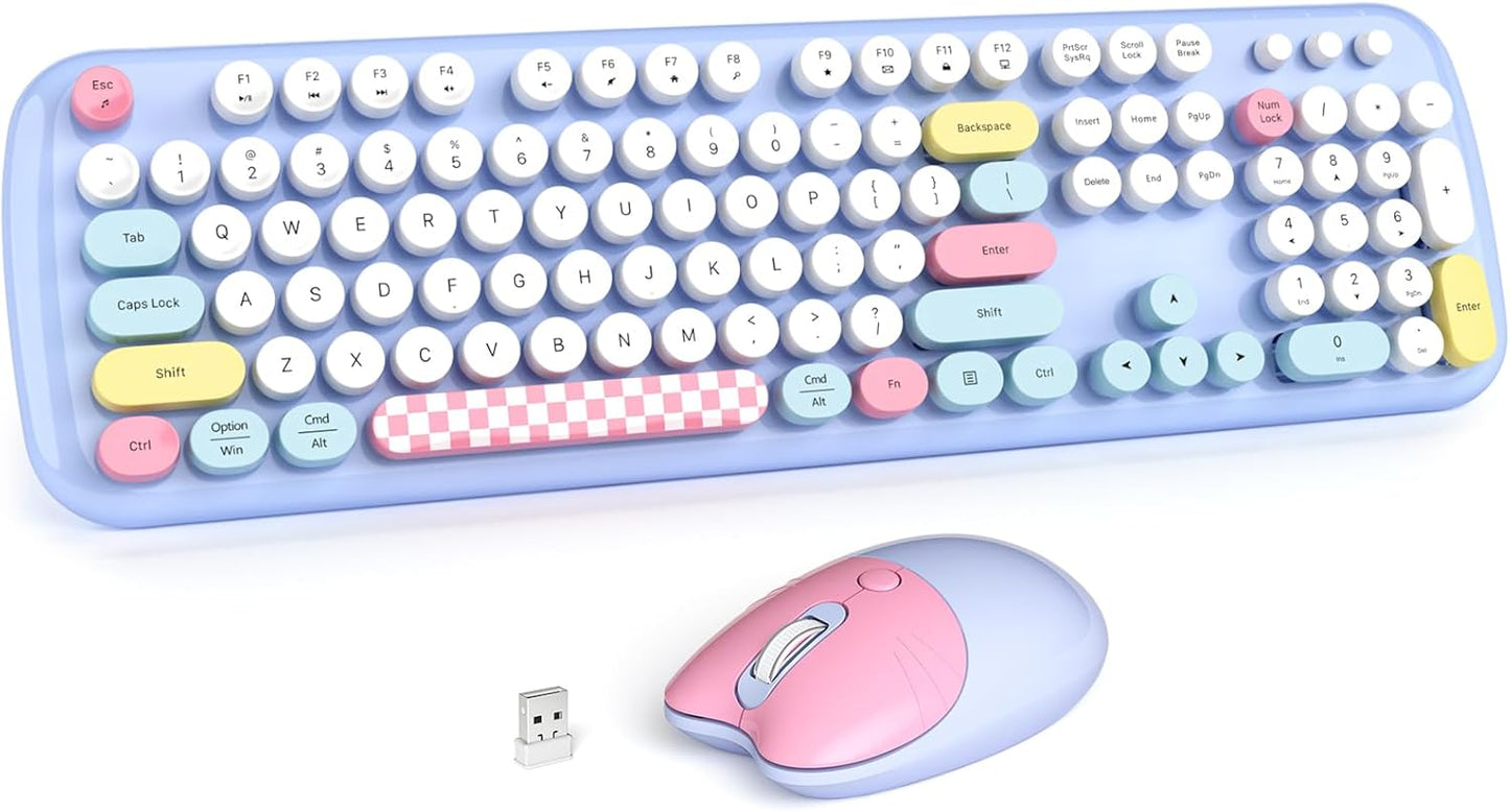 Wireless Keyboard and Mouse Combo for Windows, MOWUX 2.4G Full-Sized External Cordless Computer Keyboard, Compact Mouse, 8 Multimedia and Shortcut Keys, for PC, Laptop - Light Blue Colorful