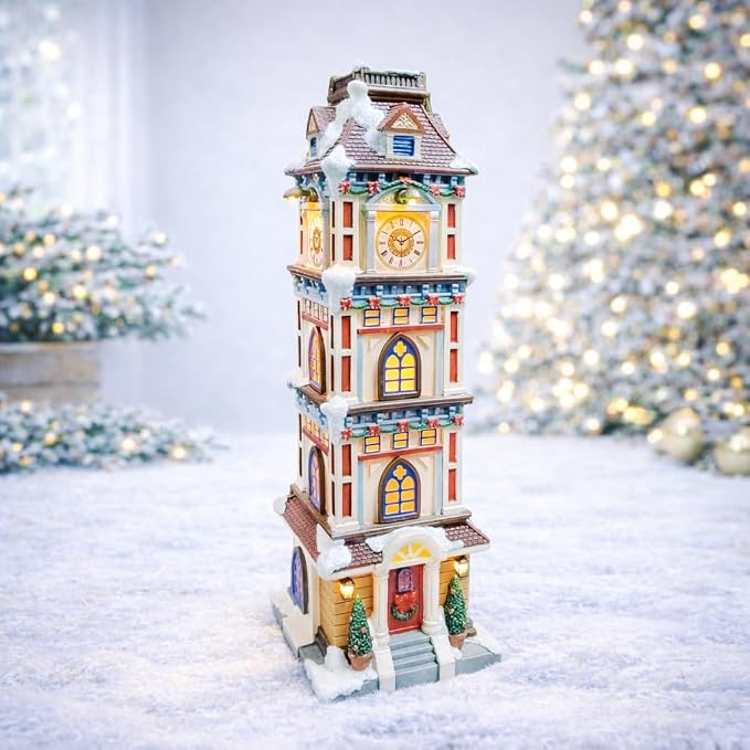 MOMENTS IN TIME Lighted Christmas Clock Tower 14.5” LED Hand-Painted Polyresin by MomentsInTime