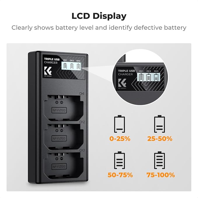 K&F CONCEPT NP-FZ100 Battery Charger, 3-Slot A7iii Camera Battery Charger - Image 4