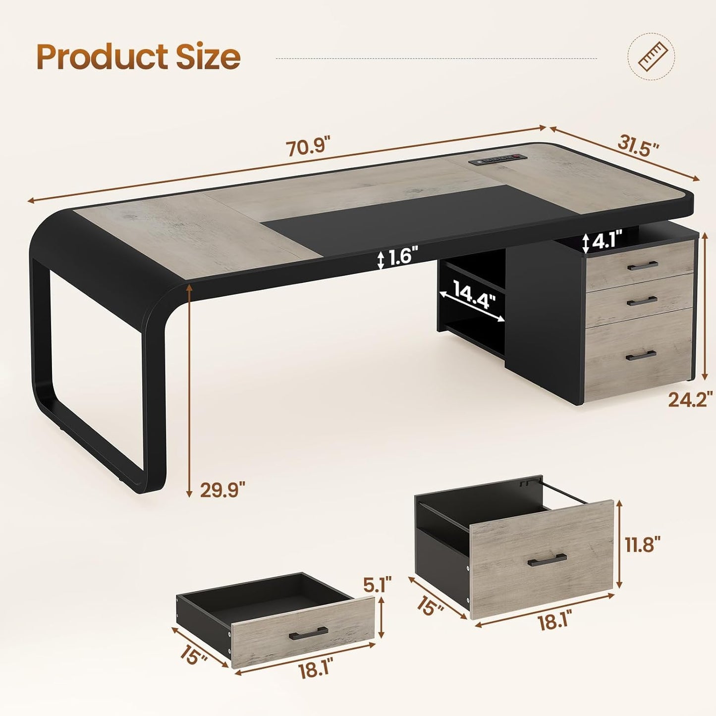 Itaar 70.9" Executive Desk, Large Computer Desk with Drawers and Lateral File Cabinet, Office Desk with Removable Shelves, Business Furniture Desk Workstation for Home Office, Gray