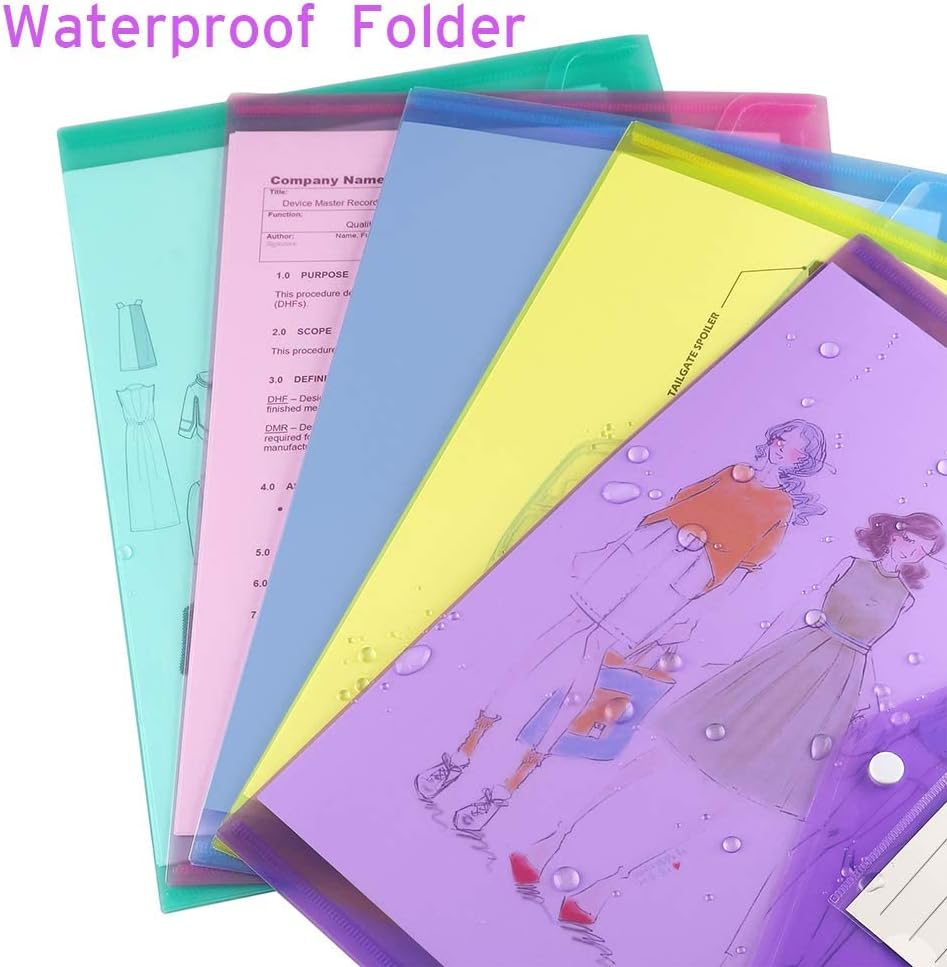 Sooez 12 Pack Folders Plastic Envelopes with Snap Closure, Clear Plastic File Folder for Document, Letter A4 Size Poly File Envelopes with Label Pocket for Home Work Office Organizer, 5 Colors