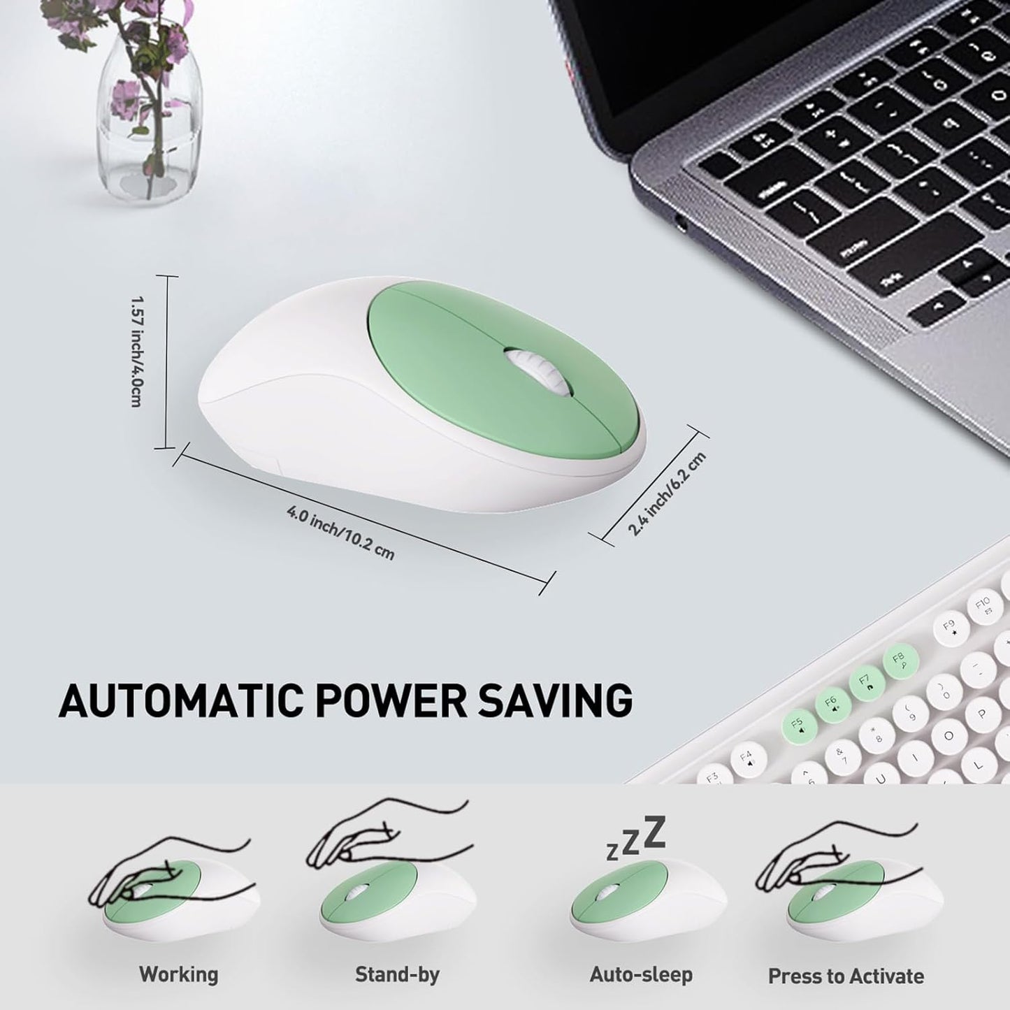 Wireless Keyboard and Mouse Set, 105 Keys Full-Size Cute Colorful Keyboard and Mouse with Retro Typewriter for PC/Mac/Laptop/Tablet/Computer/Windows Green