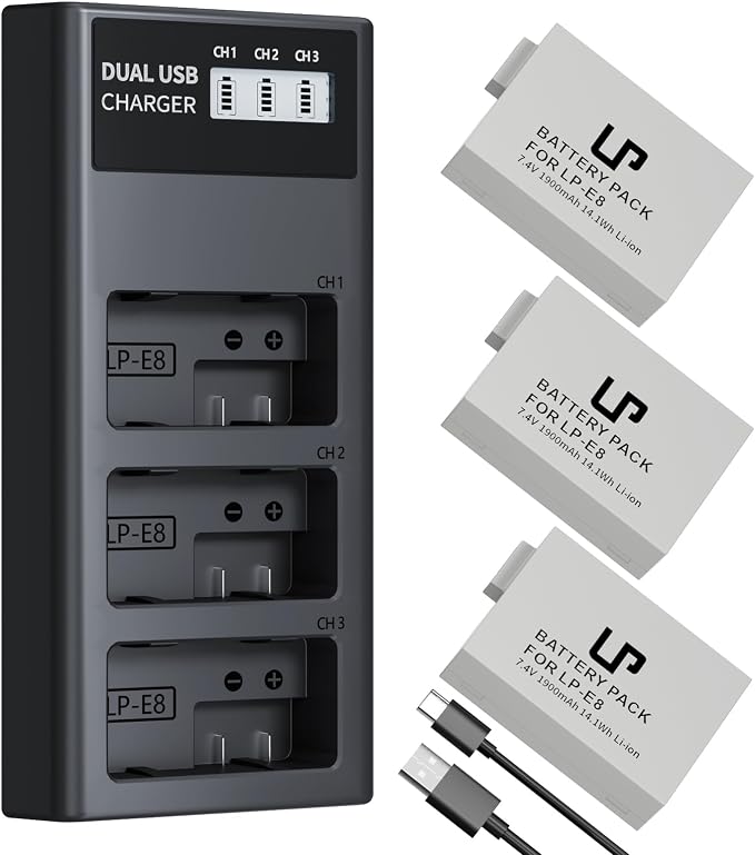 LP-E8 Battery Charger Set, LP 3 Pack LPE8 Replacement Battery & Triple Slot by LP