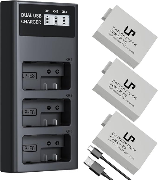 LP-E8 Battery Charger Set, LP 3 Pack LPE8 Replacement Battery & Triple Slot by LP
