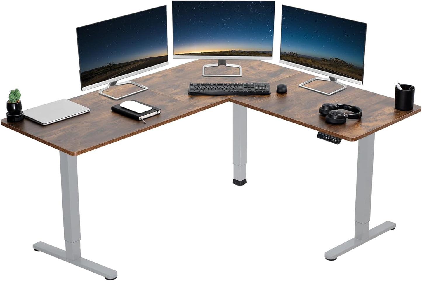 VIVO Electric Corner L-Shaped 63 x 55 in Rustic Standing Desk, Memory Height Adjustment, Vintage Brown Top Gray Frame, DESK-E3CTGN