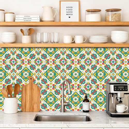 IVN Teal Yellow Floral Peel and Stick Floor Tiles 12x12 Inch 10PCS - Image 4