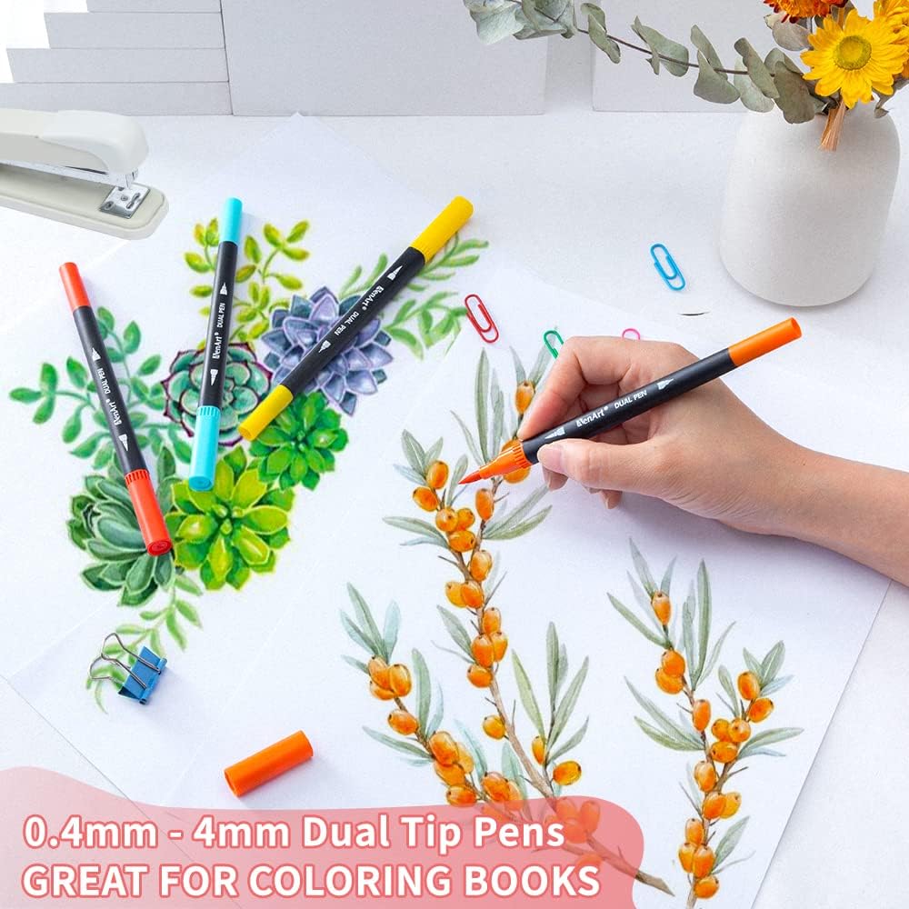 Dual Brush Markers for Adult Coloring Books, 24 Colored Fine Point Marker Pen for Back to School Supplies Bullet Journaling Note Taking Drawing