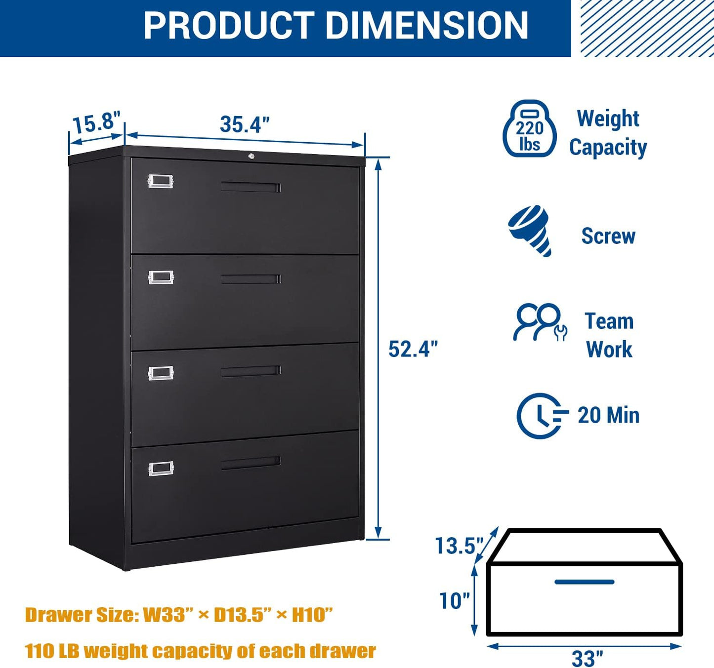 Lateral File Cabinet with Lock, 4 Drawer Large Metal Filing Cabinet,Home Office Lockable Storage Cabinet for Hanging Files Letter/Legal/F4/A4 Size-Assembly Required