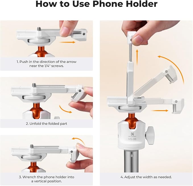 K&F CONCEPT MS08 62'' Selfie Stick Tripod, 2-in-1 Extendable White Phone Tripod - Image 4