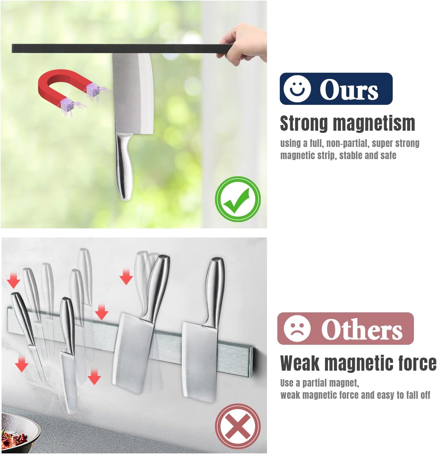 Dmore magnetic knife holder for wall—with 3 hooks, No Drilling 16 Inch black knife magnetic strip, Powerful knife magnet rack, include Adhesive Tape and screws for Knives, Utensils, and Tools