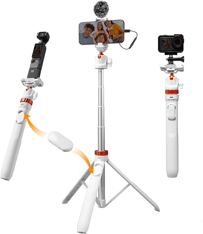 K&F CONCEPT MS08 62'' Selfie Stick Tripod, 2-in-1 Extendable White Phone Tripod by KFCONCEPT