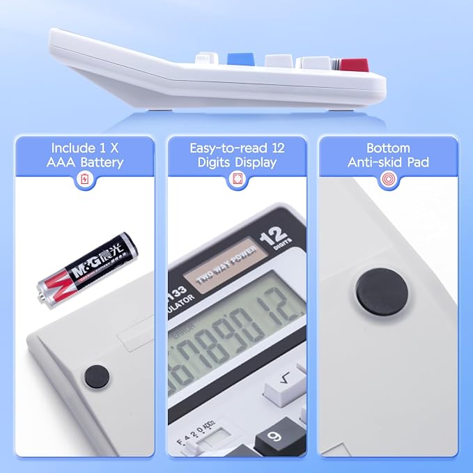 M&G Desk Calculator 12 Digit Extra Large LCD Display, Dual Solar Power and - Image 6