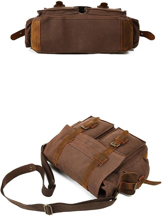 Sechunk Vintage Military Leather Canvas Laptop Bag Messenger Bags Medium - Image 4