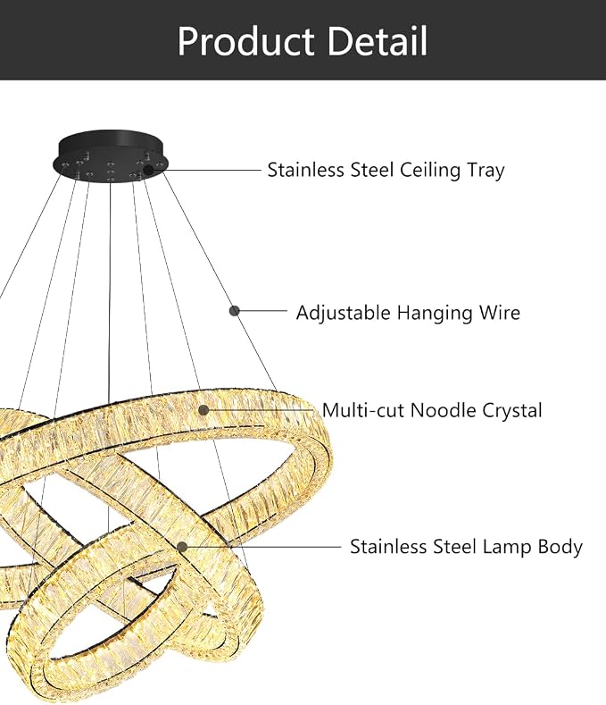 HAIXIANG Modern Glam Chandelier Crystal LED Remote Rings Chandelier Adjustable - Image 9