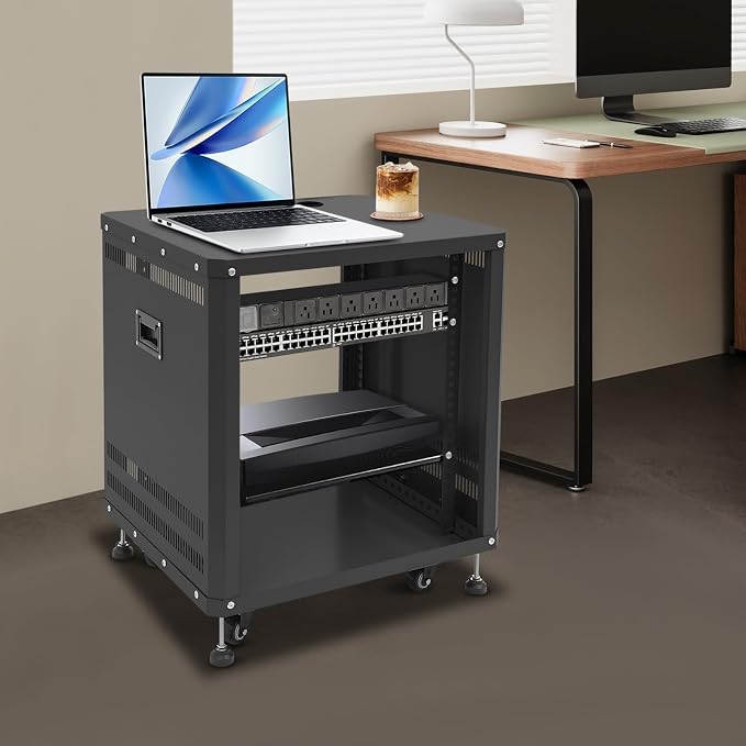 12U Home Audio & Video Stage Stereo Equipment Storage Cabinet Stand On Wheels - Image 7