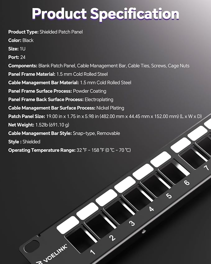 VCELINK 24-Port All Metal Blank Keystone Shielded Patch Panel, 1U Rackmount - Image 5