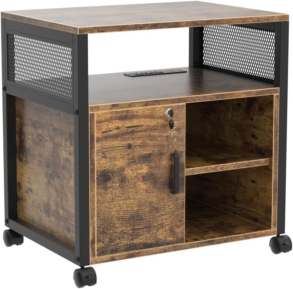 Unikito Lateral File Cabinet, Locking Office Filing Cabinets with Socket and USB Charging Port, Modern Rolling Printer Stand with Storage for A4, Letter Size and File Folders, Rustic Brown