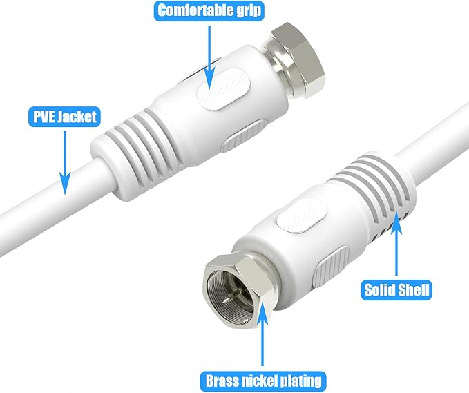 Short Coaxial Cable, 1ft White Coax Cable 0.3m RG6 F Male to Male Connector - Image 3