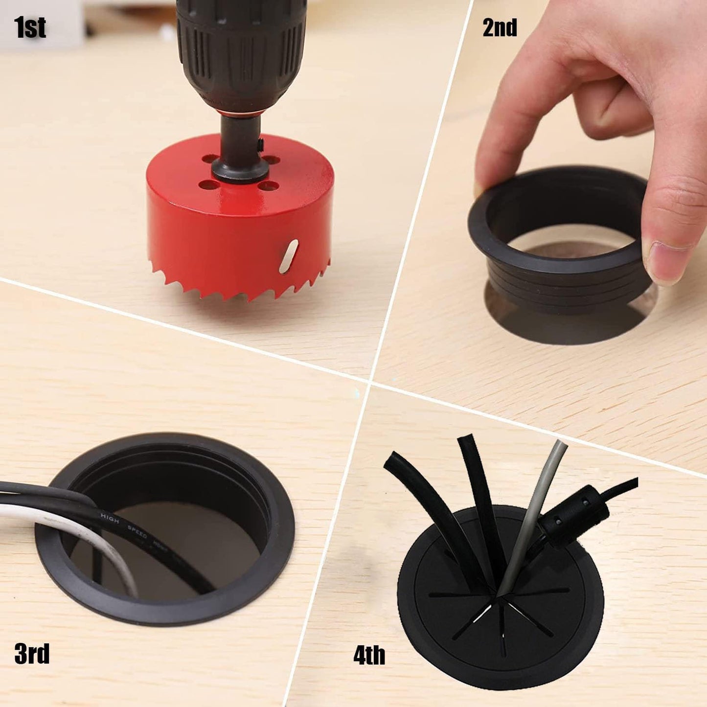 TuTuYa Desk Grommet, 6PCS Flexible 2-3/8 Inch (60mm) Desk Cable Grommet Desk Cable Hole Covers with Hole Saw, Ideal Solution for Office and Home Table Cable (Black, 2-3/8Inch_60mm)