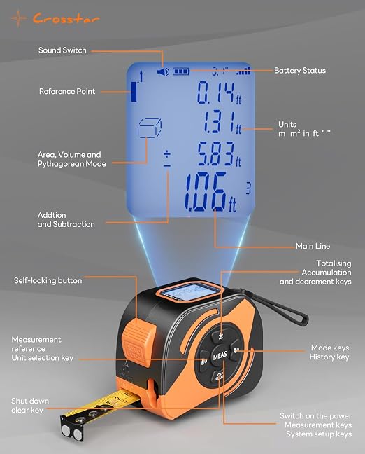 Crosstar 2-in-1 Laser Tape Measure 197ft, 532nm Green Beam, 16ft Manual Tape - Image 9