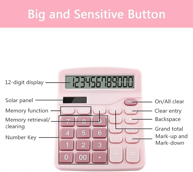 Office Calculators Desktop, 12-Digit Dual Power Cute Calculator - Image 2