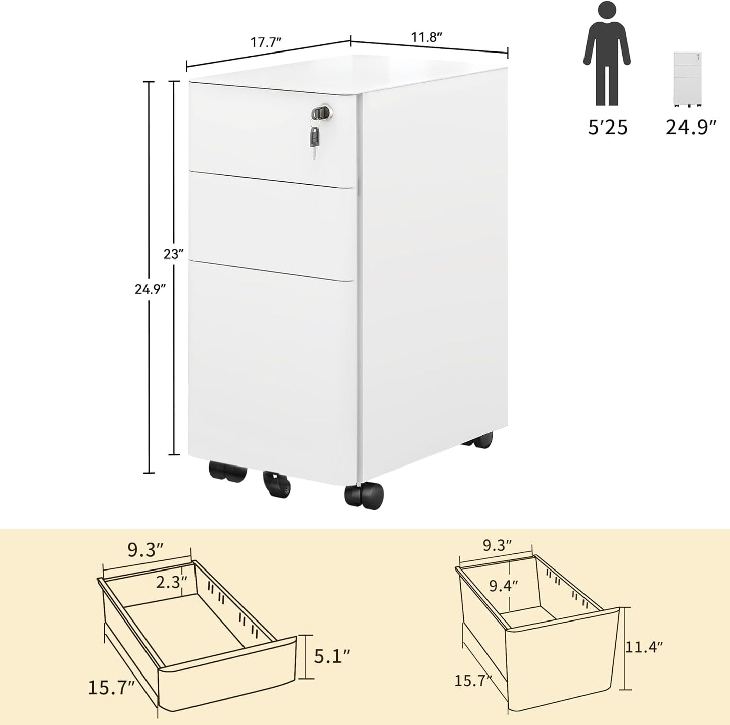 DWVO 3-Drawer Vertical File Cabinet, Mobile Filing Cabinet with Lockable, Pre-Assembled Compact Slim File Cabinet, Portable Office Storage for A4/Letter/Legal Documents (White)