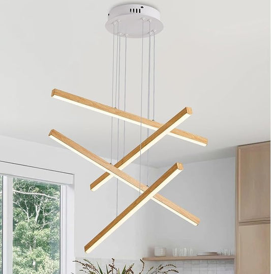 Linear Pendant Light for Dining Room Oak Wood Grain Finish LED 4 Light by LUMIFLYModernChandelier