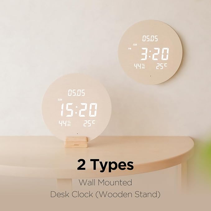 mooas Wood Moon Cordless Digital LED Wall Clock, Time Week Temperature & - Image 6