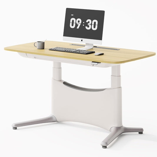 COLAMY Electric Standing Desk, Whole-Piece Gaming Desk with Dual Motors, Ergonomic Footrest, Drawers for Storage, Adjustable Height Sit-Stand Desk for Home Office (MFC Desktop, Light Maple + White)