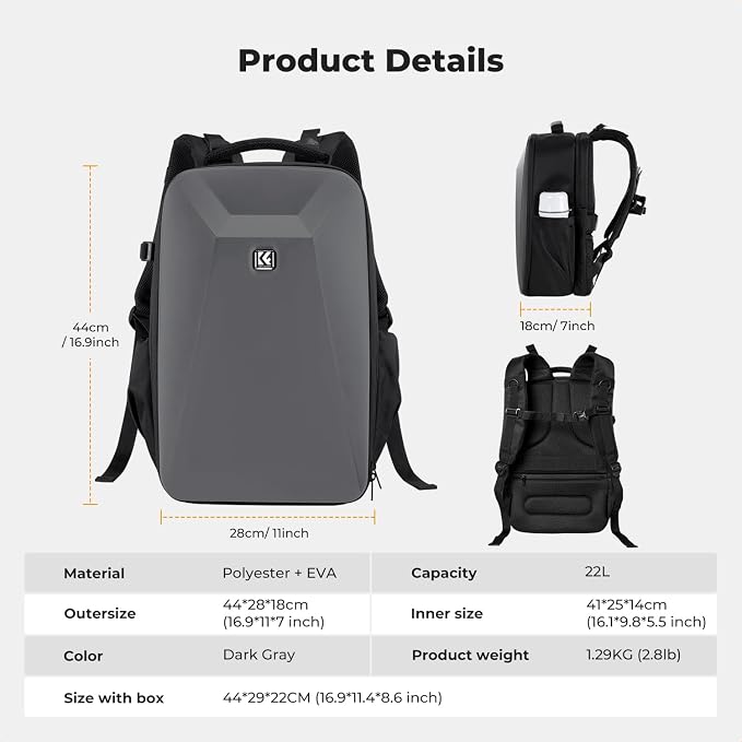 K&F CONCEPT Camera Backpack, Hardshell Photography DSLR Camera Bag - Image 7
