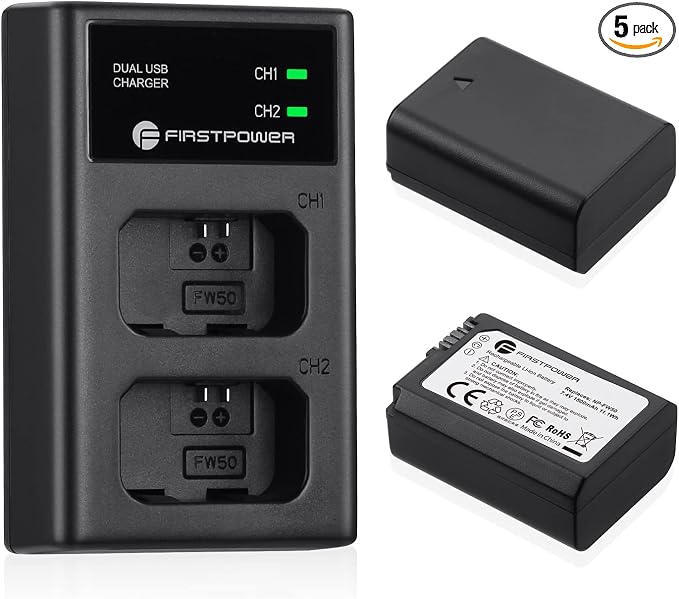 FirstPower NP-FW50 Battery 2-Pack and USB Dual Charger Compatible by FirstPower