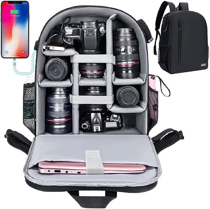 Cwatcun Camera Backpack with USB, Rain Cover, fit 15.6" Laptop, Anti-Theft Rear by FocusonCameraBag