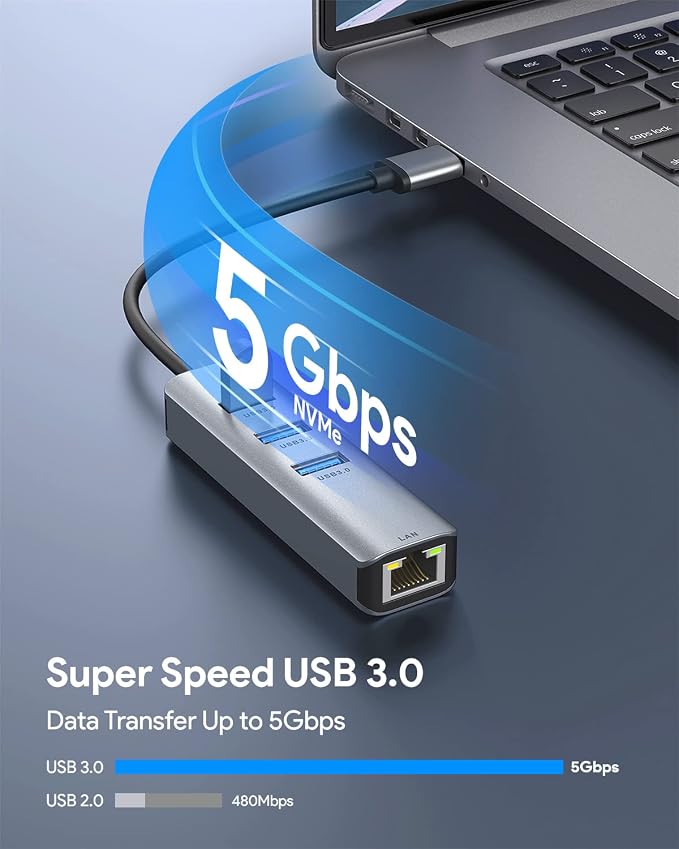 USB 3.0 to Ethernet Adapter, ABLEWE 3-Port USB 3.0 Hub - Image 4