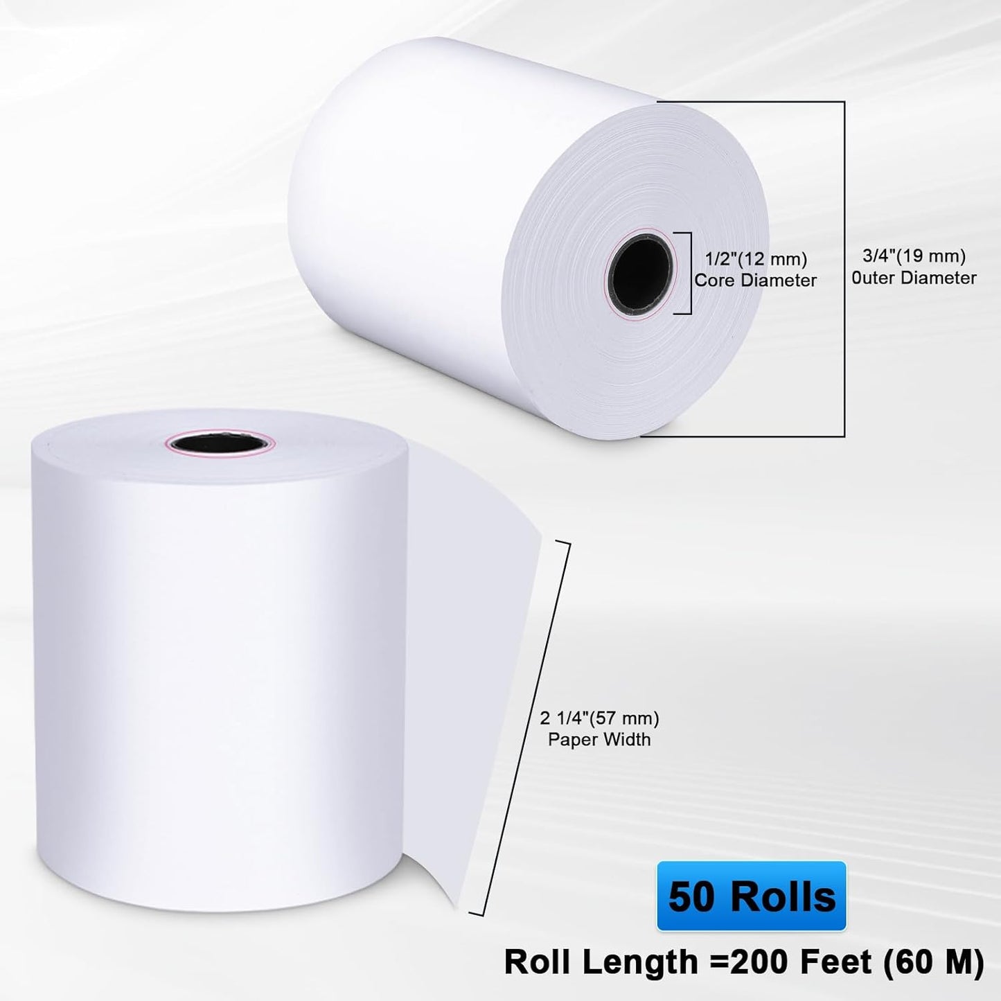 Thermal Paper Rolls - Bpa-Free 2 1/4 Inch X 200ft Register Tape, 50-Pack For Smooth Credit Card Machine Printing