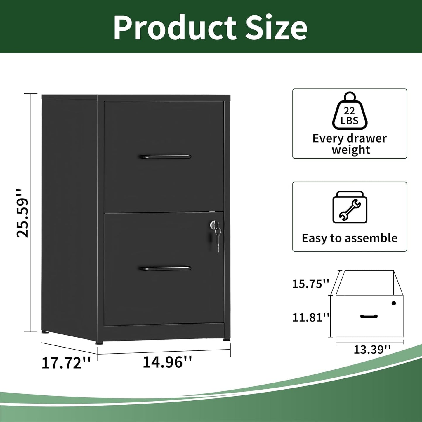 2 Drawer File Cabinet with Lock, Vertical File Cabinet with Lock, Locking File Cabinet Hanging Files for A4/ Legal/Letter,Black