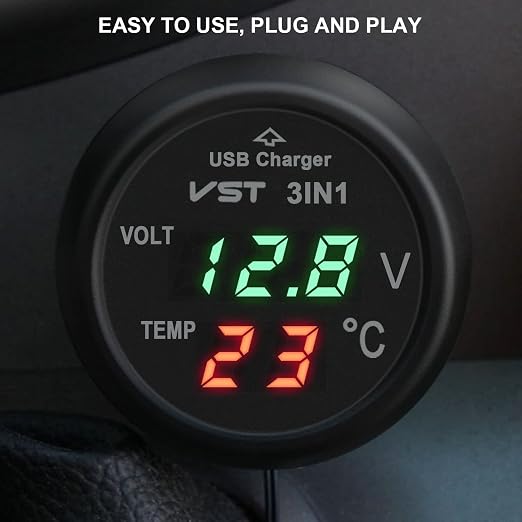 3 in 1 Car Voltmeter, USB Charger Adapter Auto Cigarette Lighter Plug Voltage - Image 3