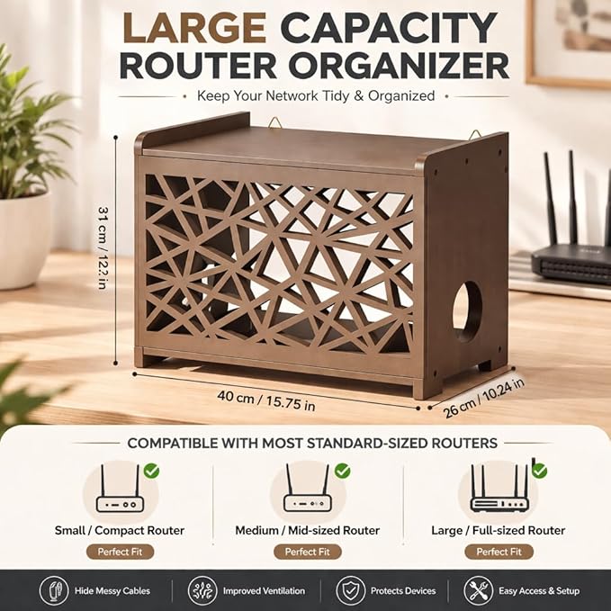 Upgrade Pine Wooden Router Box Hider, Large Capacity Projector Shelf Wall - Image 3