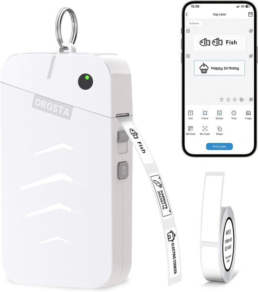 ORGSTA Label Maker Machine with Tape Bluetooth Portable Thermal Labelling Printer for School Home Office Organization, Wireless Mini Labeler S001 Label Machine with Label Sticker Maker, White