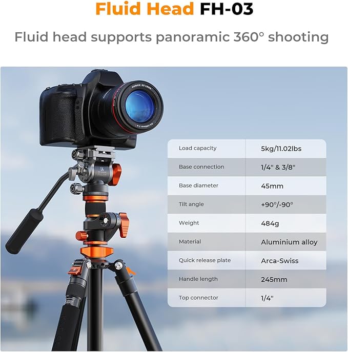 K&F CONCEPT 90''/230cm Overhead Camera Tripod, Horizontal Shooting Video Tripods - Image 3