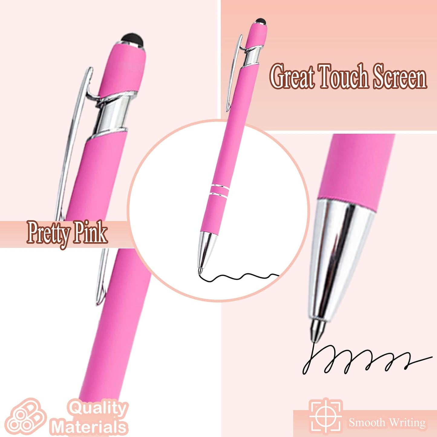 PASISIBICK 12 Pieces Pink Ballpoint Pen with Stylus Tip, 2 in 1 Stylus Stylish Pen, Premium Metal Stylus Pen for Touch Screens, Black Ink, 1.0 mm Medium Point(12 PCS Pink)